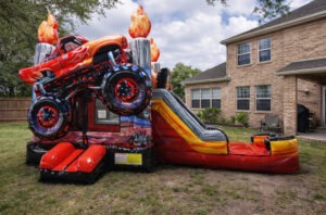 Monster truck bounce house water slide combo